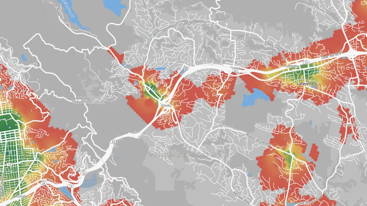 Walk Grade map of 94563, CA, walkable areas in green and car-dependent areas in red