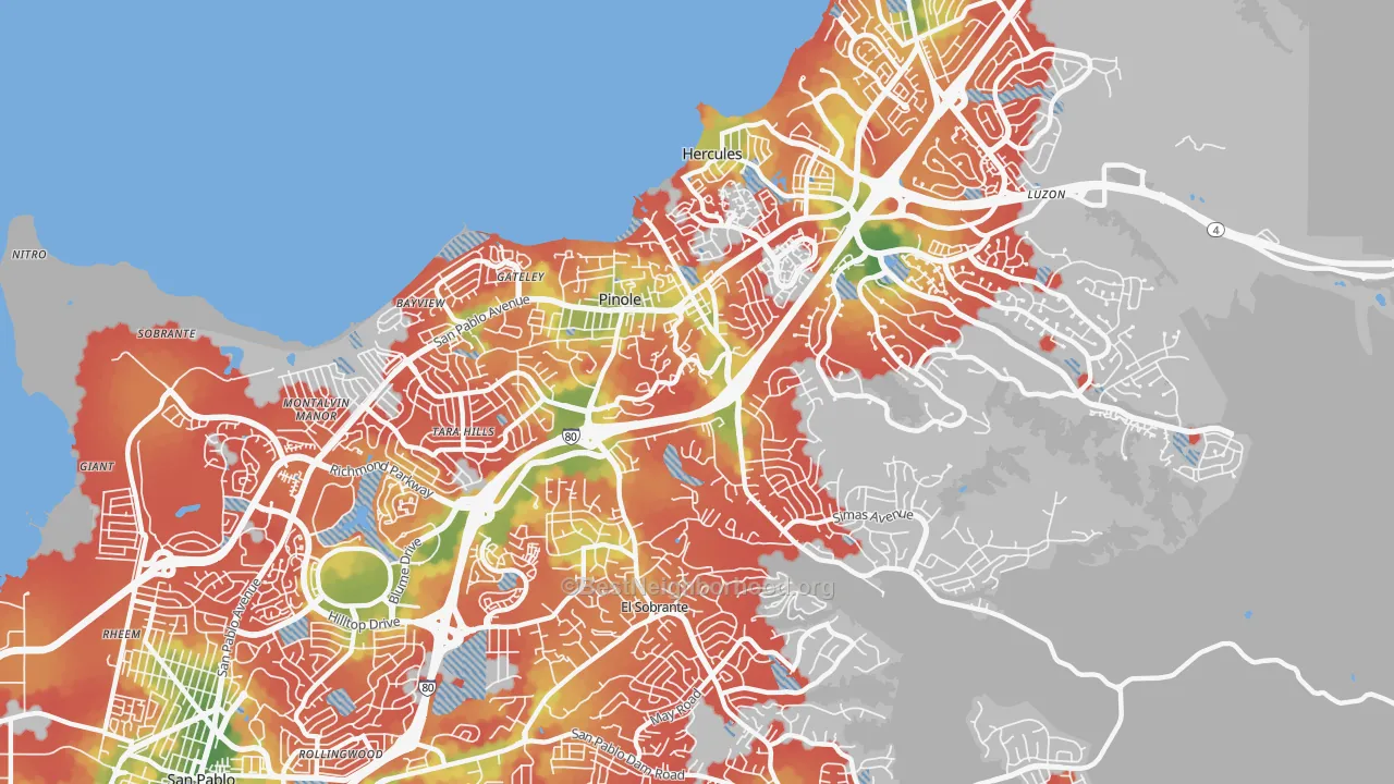 Walk Grade map of 94564, CA, walkable areas in green and car-dependent areas in red