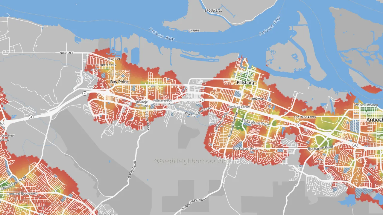 Walk Grade map of 94565, CA, walkable areas in green and car-dependent areas in red