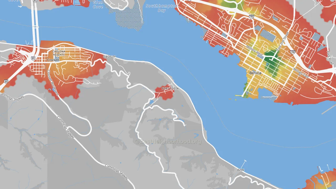 Walk Grade map of 94569, CA, walkable areas in green and car-dependent areas in red