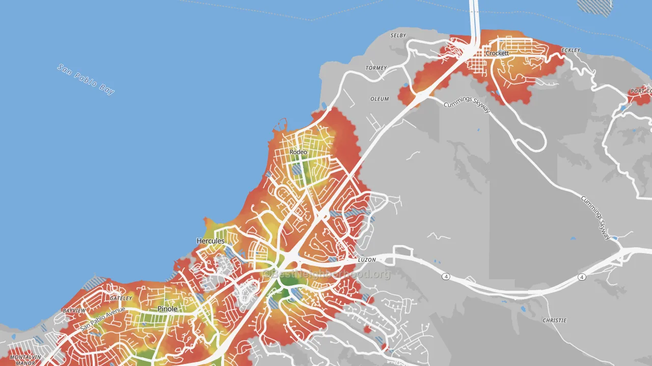 Walk Grade map of 94572, CA, walkable areas in green and car-dependent areas in red