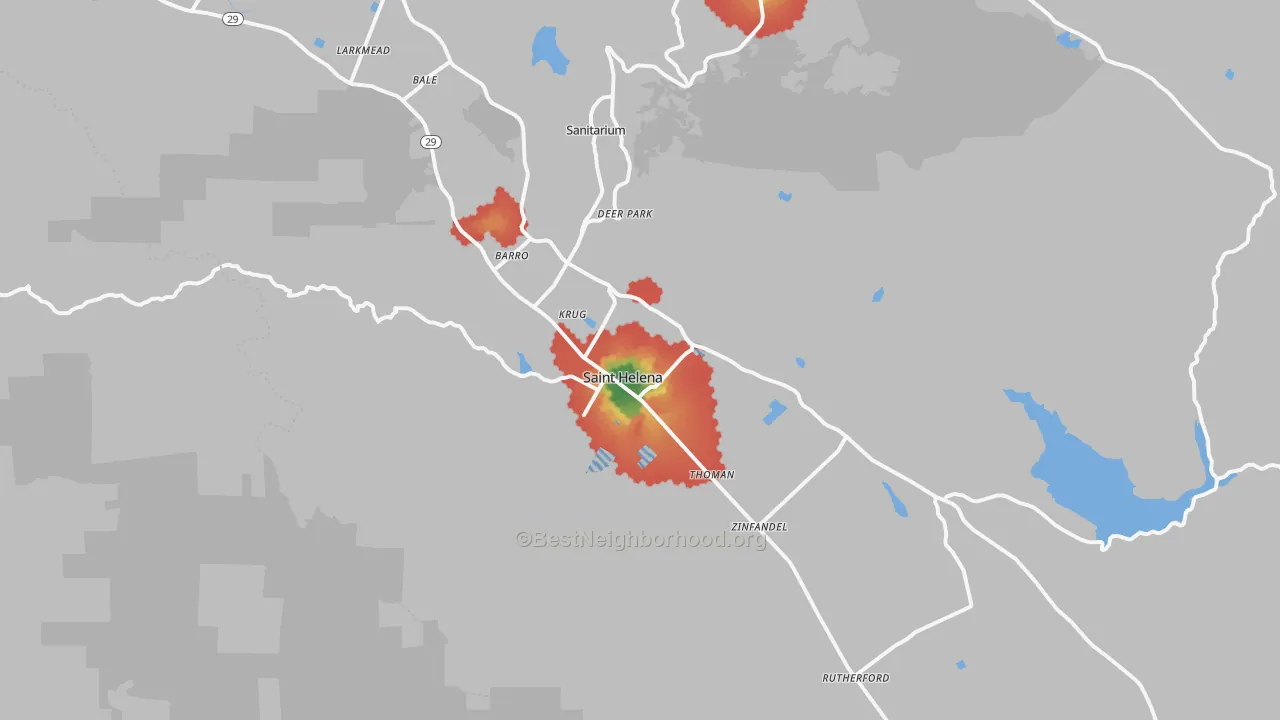 Walk Grade map of 94574, CA, walkable areas in green and car-dependent areas in red