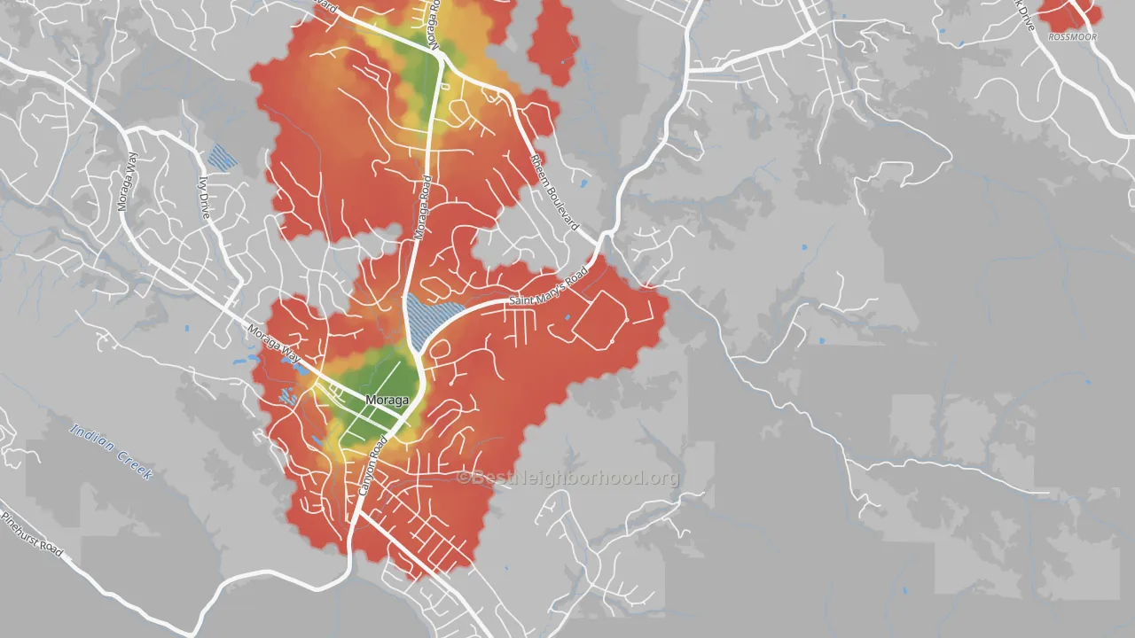 Walk Grade map of 94575, CA, walkable areas in green and car-dependent areas in red