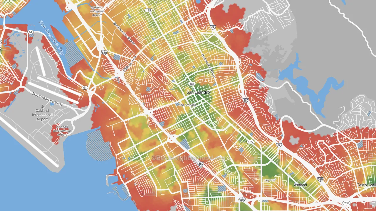 Walk Grade map of 94577, CA, walkable areas in green and car-dependent areas in red