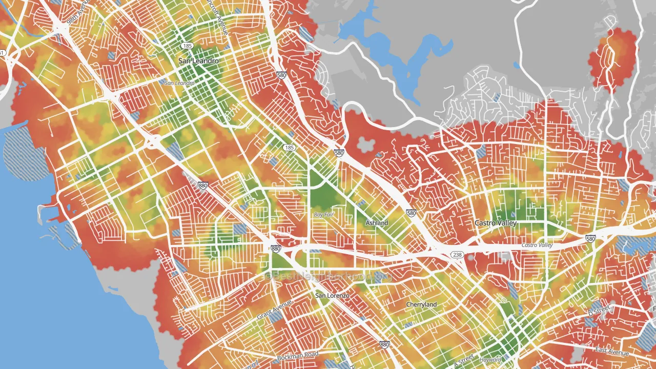 Walk Grade map of 94578, CA, walkable areas in green and car-dependent areas in red