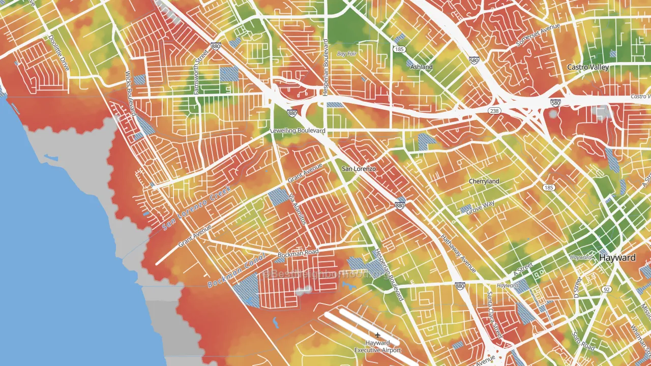 Walk Grade map of 94580, CA, walkable areas in green and car-dependent areas in red
