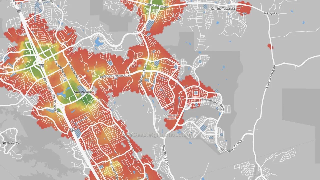 Walk Grade map of 94582, CA, walkable areas in green and car-dependent areas in red