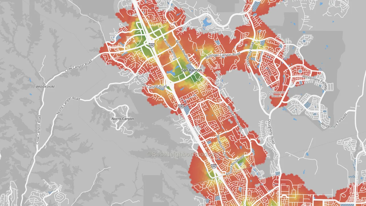 Walk Grade map of 94583, CA, walkable areas in green and car-dependent areas in red