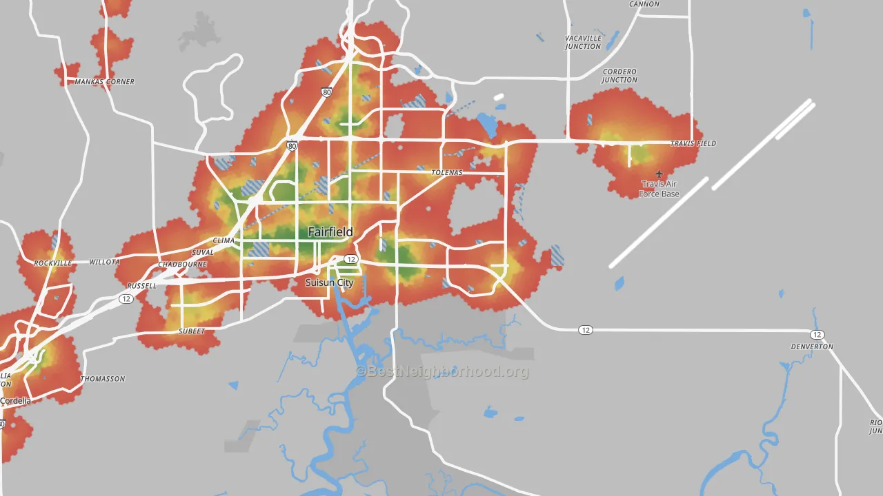 Walk Grade map of 94585, CA, walkable areas in green and car-dependent areas in red