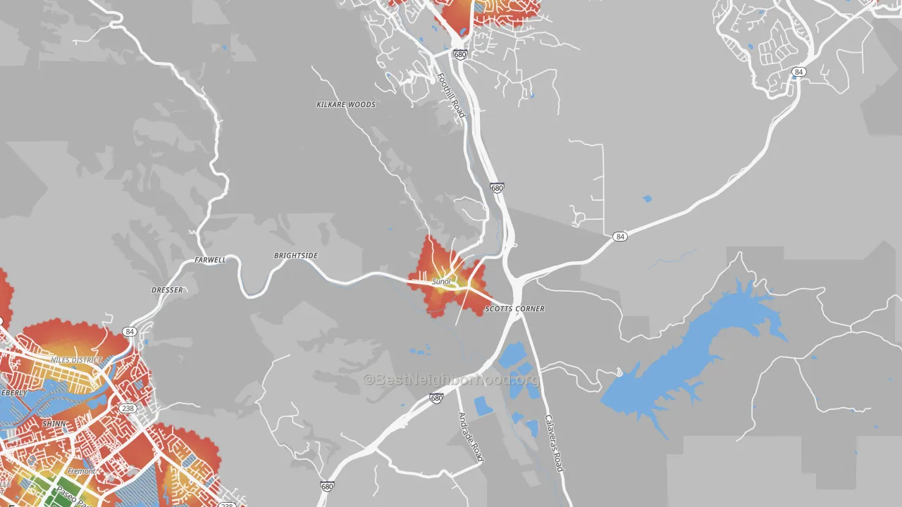 Walk Grade map of 94586, CA, walkable areas in green and car-dependent areas in red