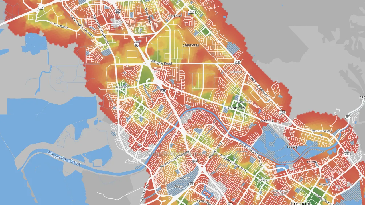 Walk Grade map of 94587, CA, walkable areas in green and car-dependent areas in red