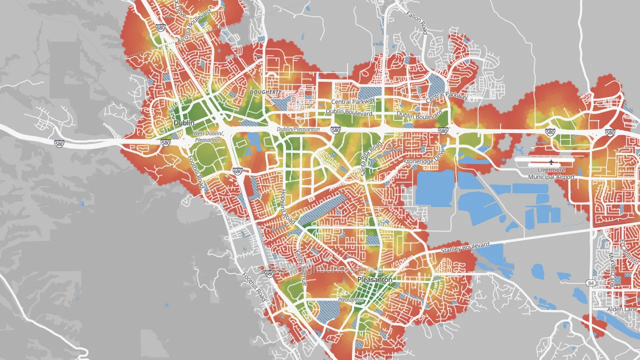 Walk Grade map of 94588, CA, walkable areas in green and car-dependent areas in red