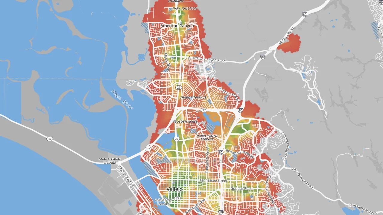 Walk Grade map of 94589, CA, walkable areas in green and car-dependent areas in red