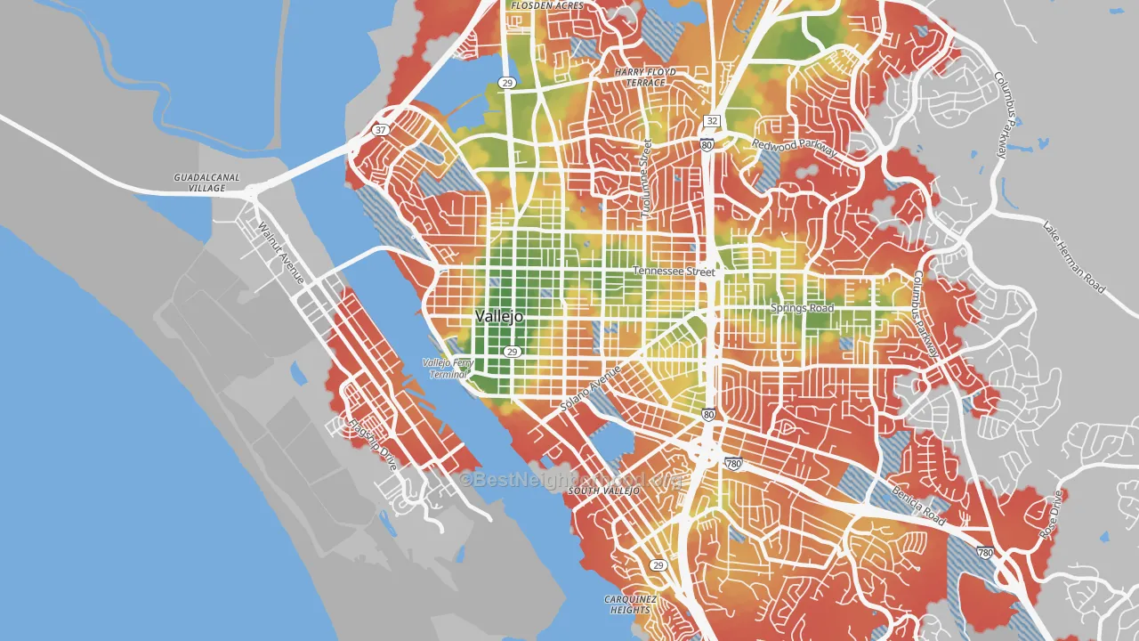 Walk Grade map of 94590, CA, walkable areas in green and car-dependent areas in red