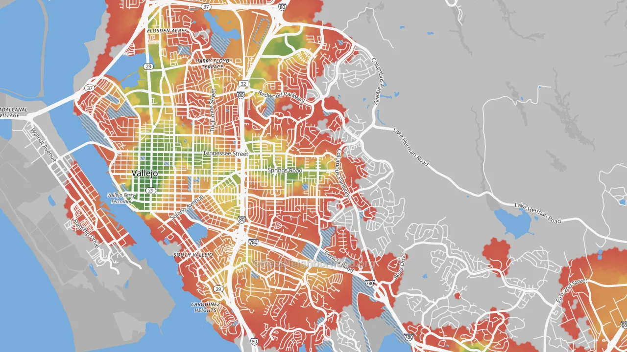 Walk Grade map of 94591, CA, walkable areas in green and car-dependent areas in red