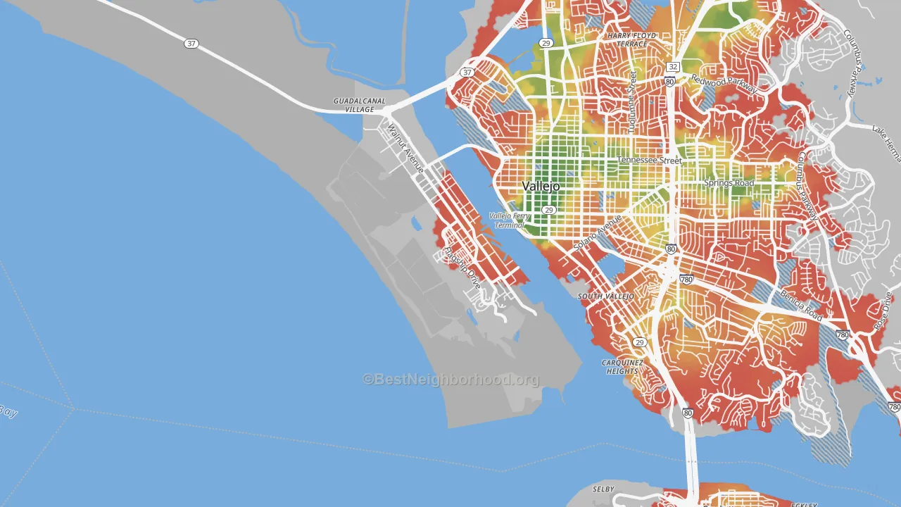 Walk Grade map of 94592, CA, walkable areas in green and car-dependent areas in red