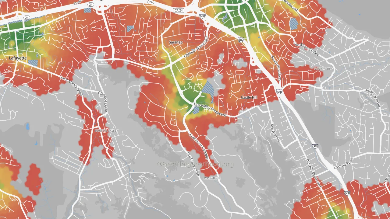 Walk Grade map of 94595, CA, walkable areas in green and car-dependent areas in red