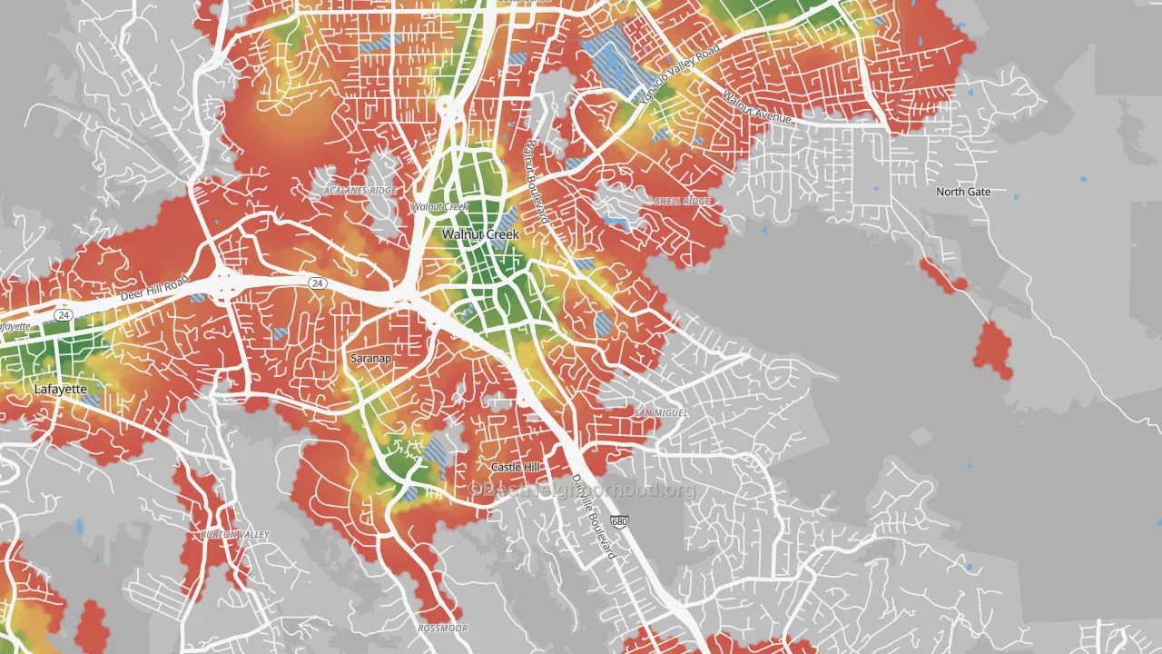 Walk Grade map of 94596, CA, walkable areas in green and car-dependent areas in red