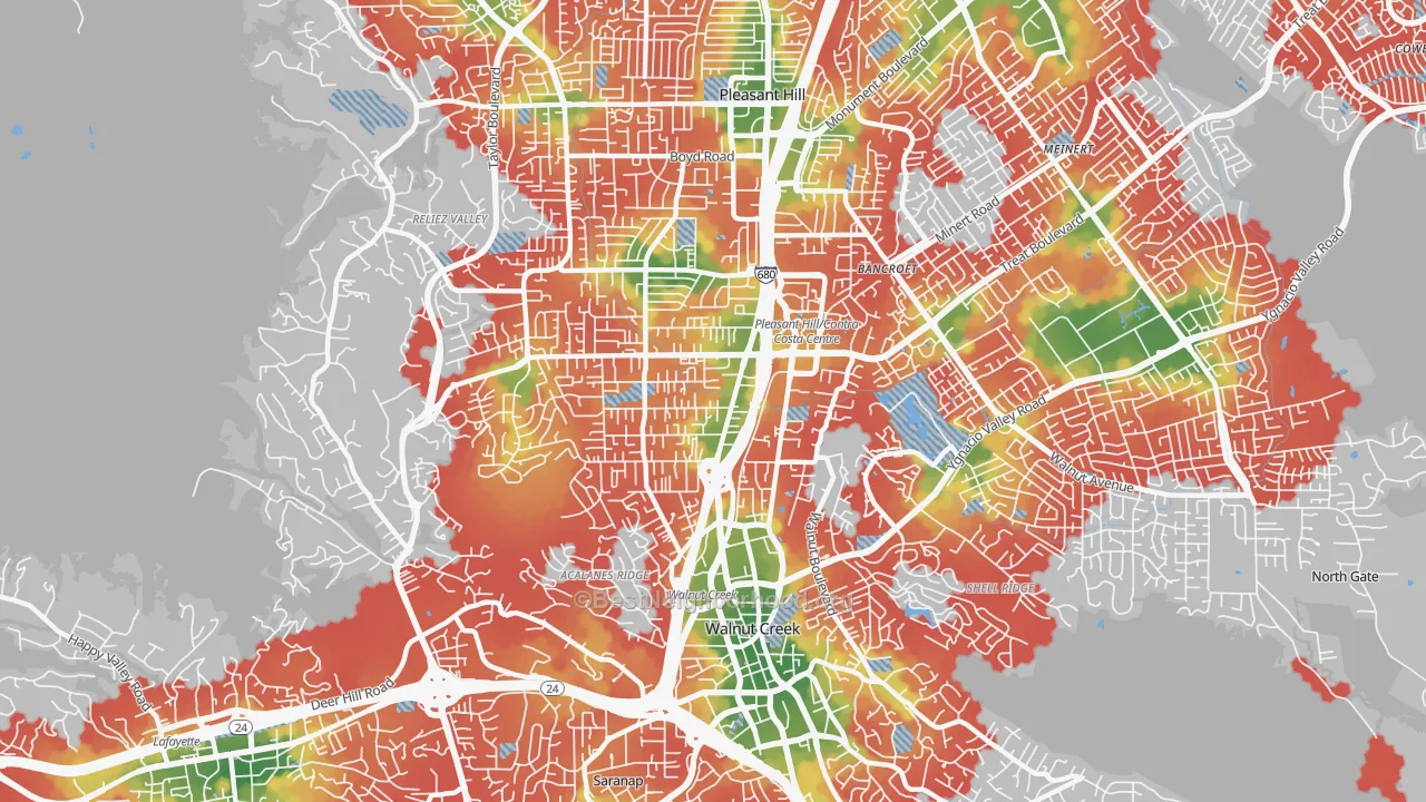 Walk Grade map of 94597, CA, walkable areas in green and car-dependent areas in red