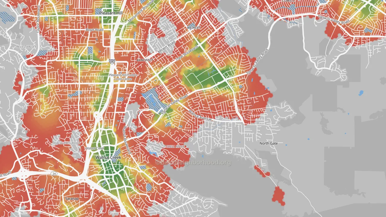 Walk Grade map of 94598, CA, walkable areas in green and car-dependent areas in red
