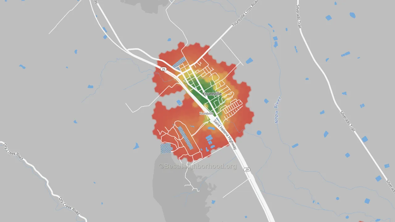 Walk Grade map of 94599, CA, walkable areas in green and car-dependent areas in red