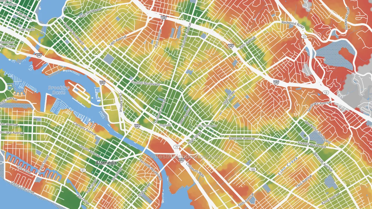 Walk Grade map of 94601, CA, walkable areas in green and car-dependent areas in red