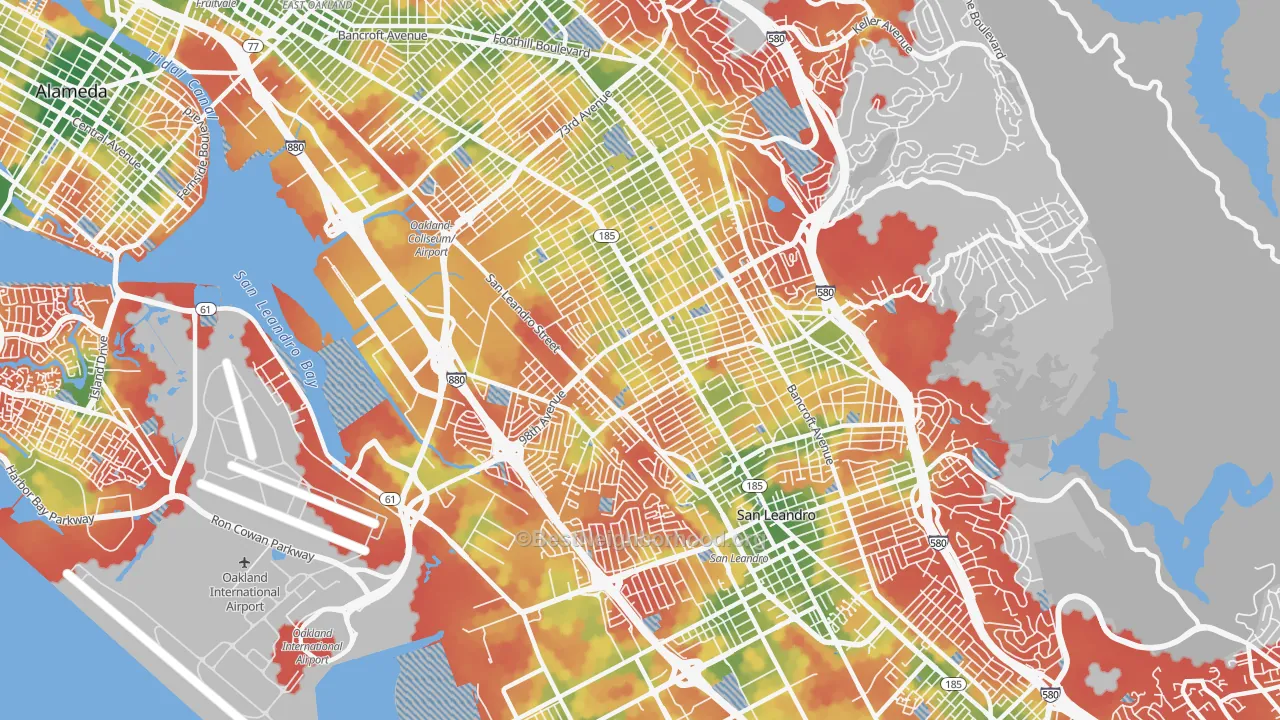 Walk Grade map of 94603, CA, walkable areas in green and car-dependent areas in red