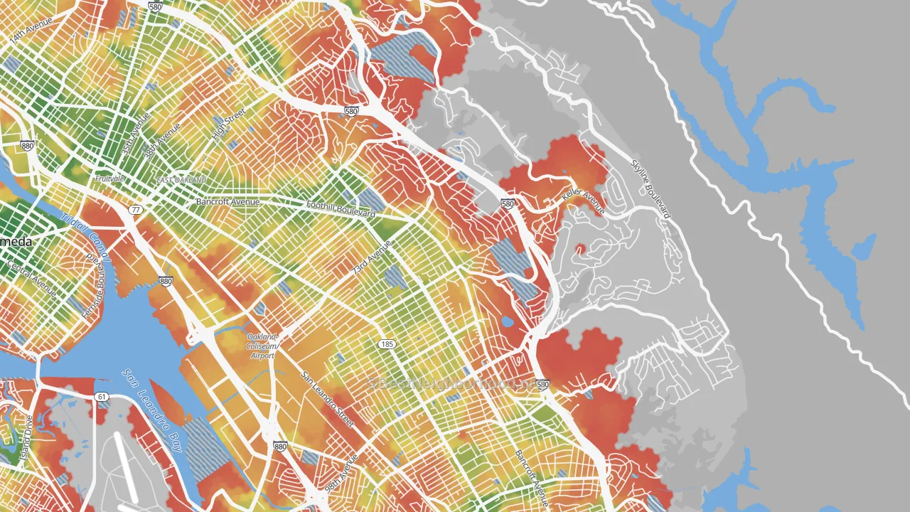 Walk Grade map of 94605, CA, walkable areas in green and car-dependent areas in red