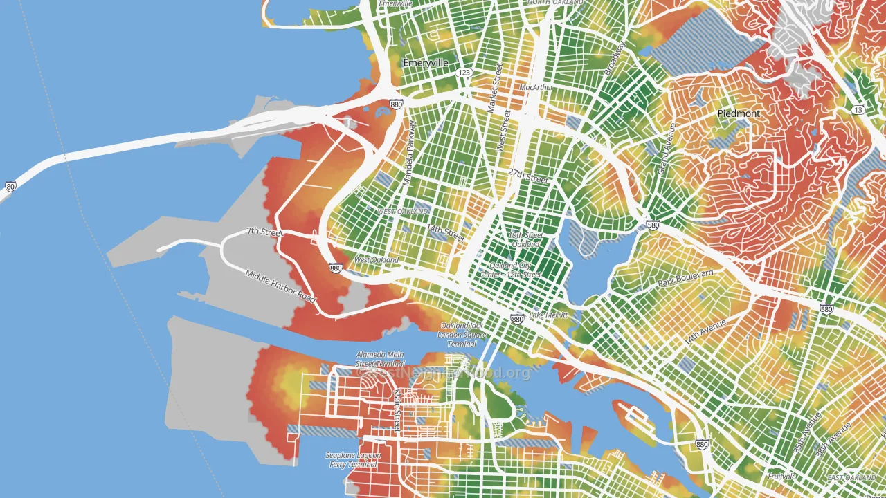 Walk Grade map of 94607, CA, walkable areas in green and car-dependent areas in red