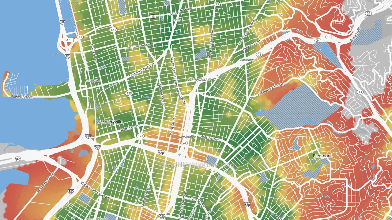 Walk Grade map of 94609, CA, walkable areas in green and car-dependent areas in red