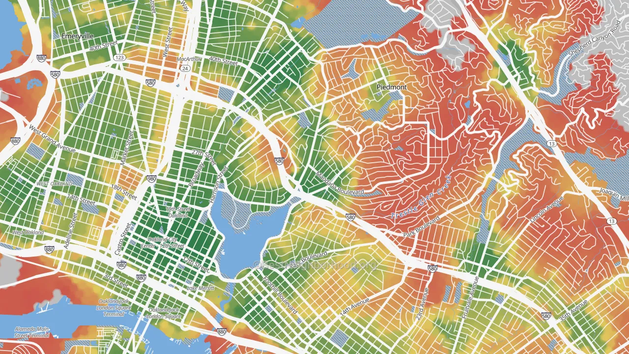 Walk Grade map of 94610, CA, walkable areas in green and car-dependent areas in red
