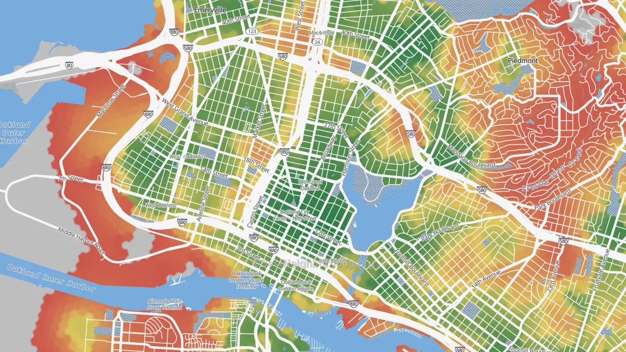Walk Grade map of 94612, CA, walkable areas in green and car-dependent areas in red