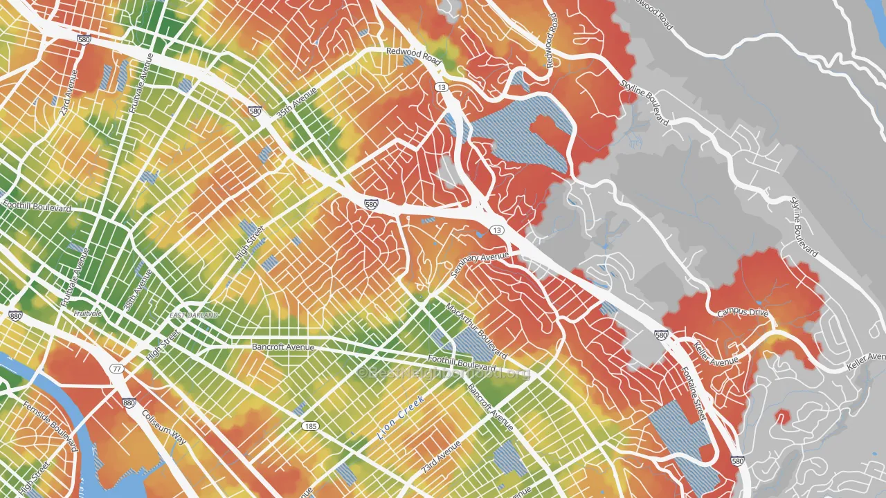 Walk Grade map of 94613, CA, walkable areas in green and car-dependent areas in red