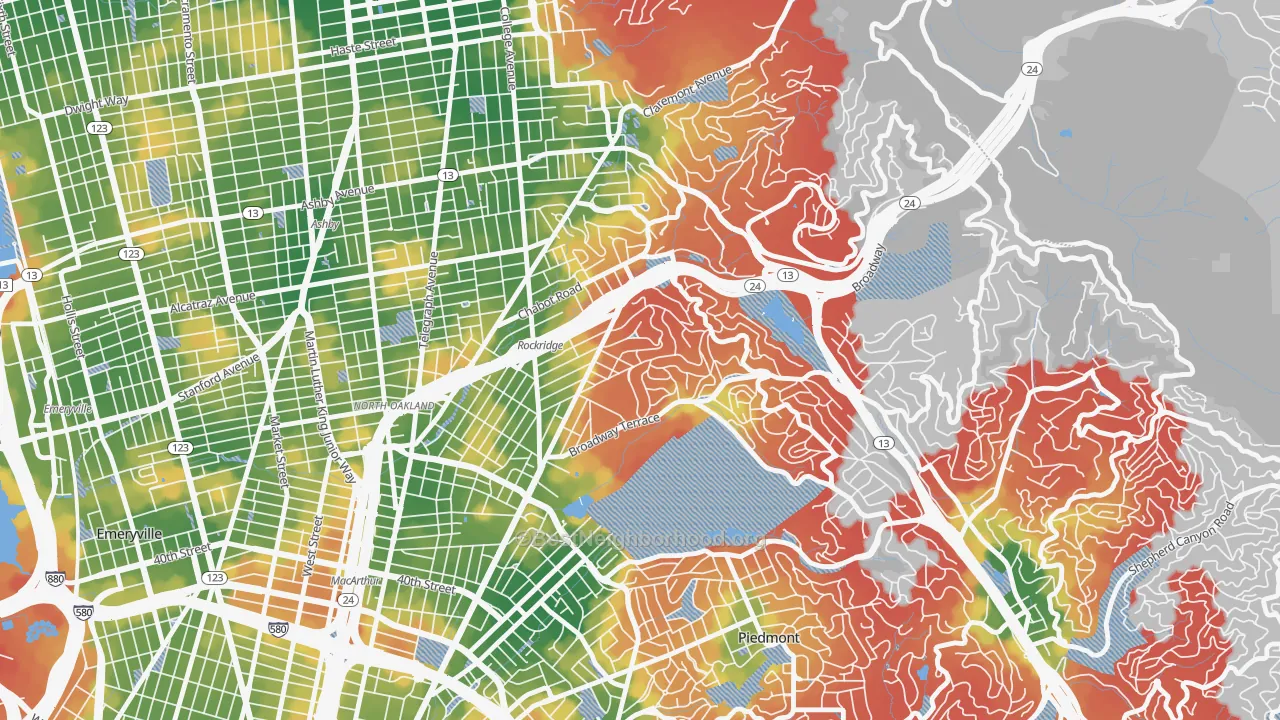 Walk Grade map of 94618, CA, walkable areas in green and car-dependent areas in red