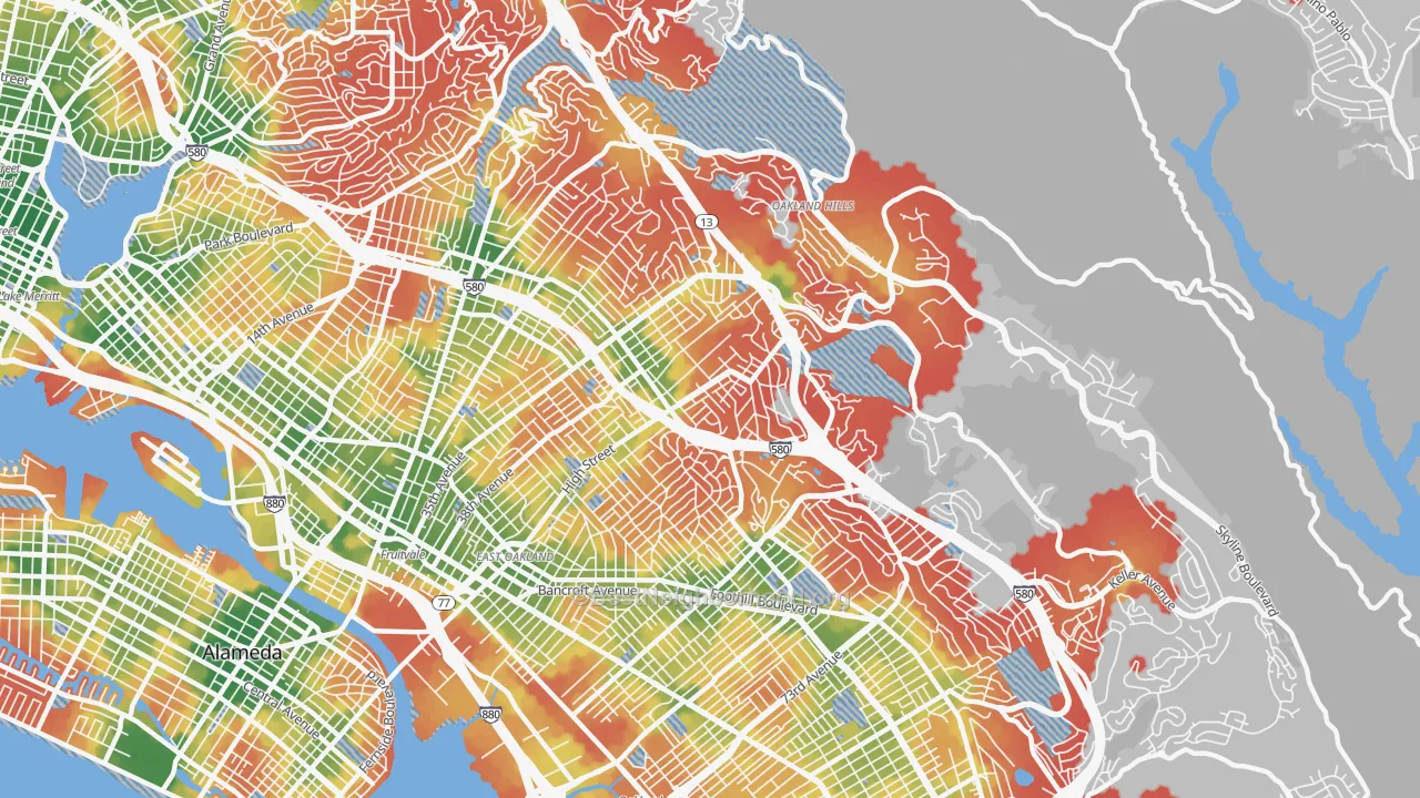 Walk Grade map of 94619, CA, walkable areas in green and car-dependent areas in red