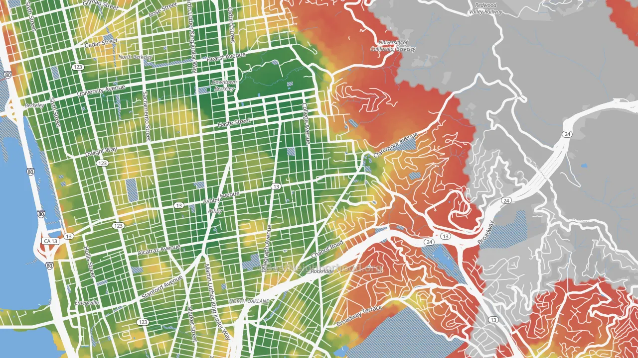 Walk Grade map of 94705, CA, walkable areas in green and car-dependent areas in red