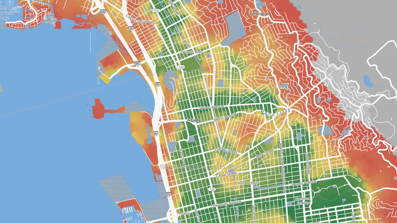 Walk Grade map of 94706, CA, walkable areas in green and car-dependent areas in red