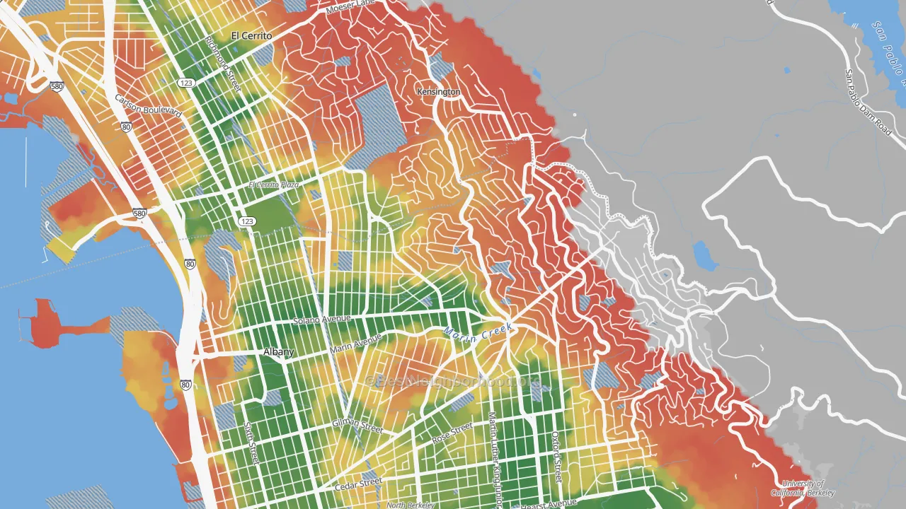 Walk Grade map of 94707, CA, walkable areas in green and car-dependent areas in red
