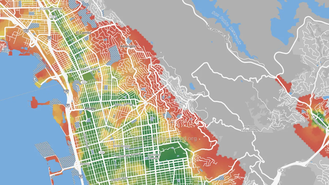 Walk Grade map of 94708, CA, walkable areas in green and car-dependent areas in red
