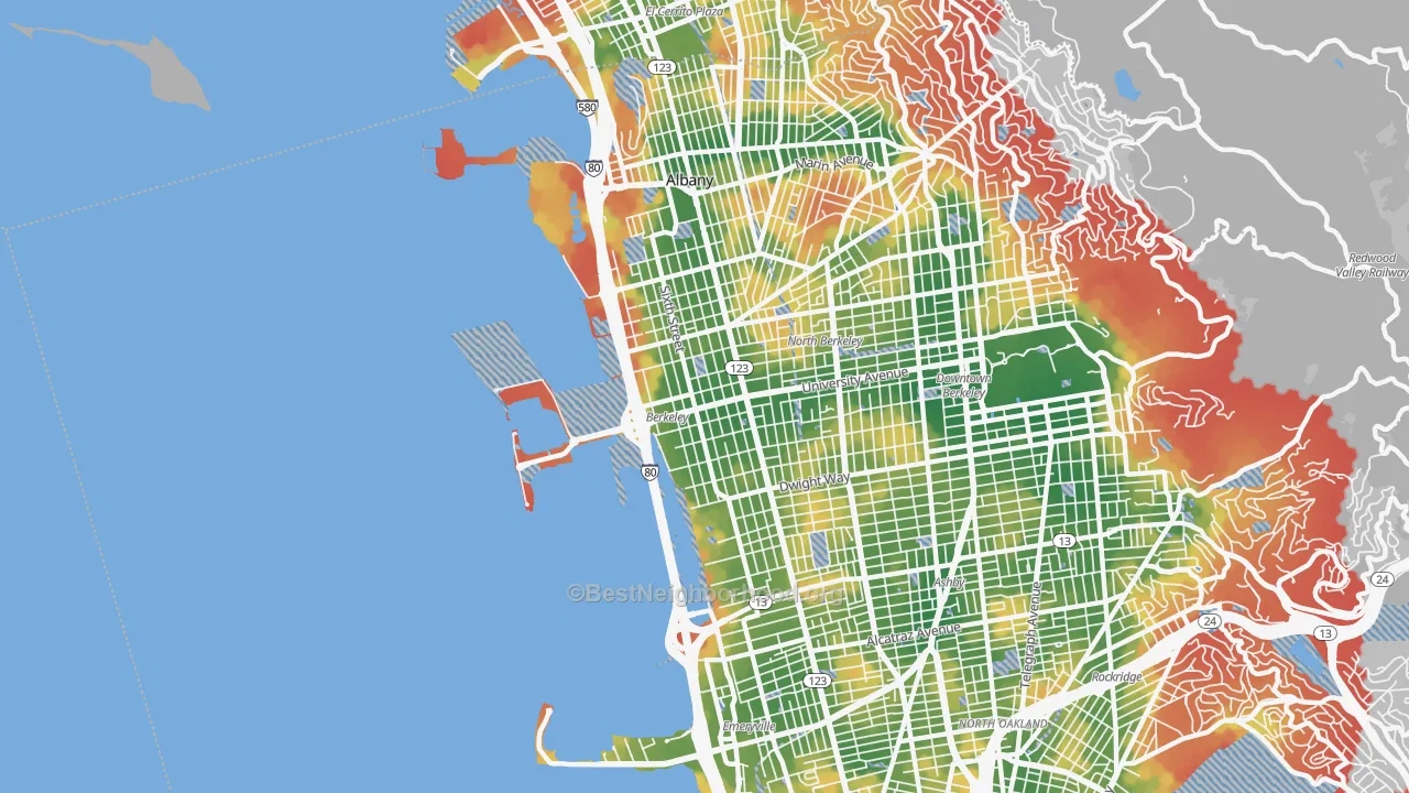 Walk Grade map of 94710, CA, walkable areas in green and car-dependent areas in red