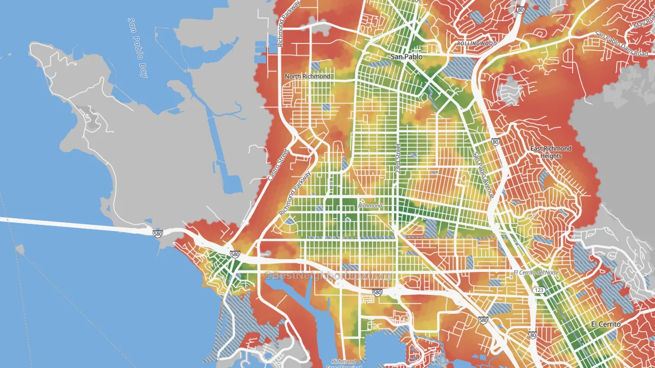 Walk Grade map of 94801, CA, walkable areas in green and car-dependent areas in red