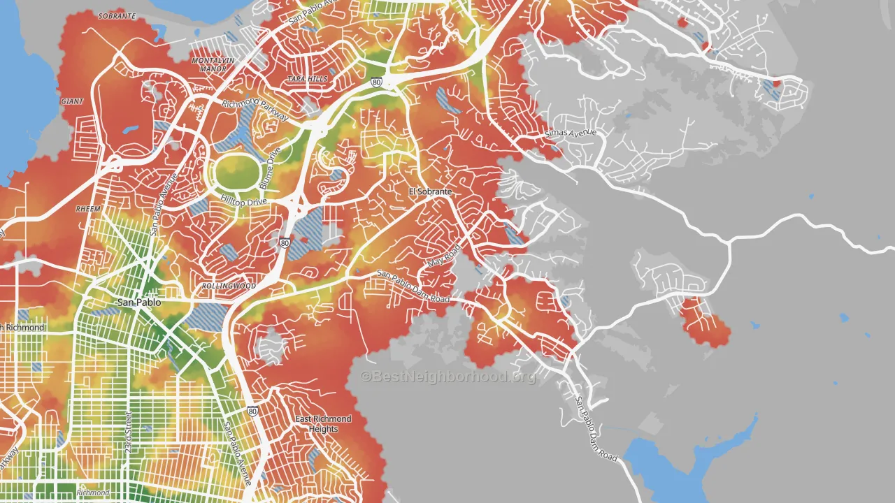 Walk Grade map of 94803, CA, walkable areas in green and car-dependent areas in red