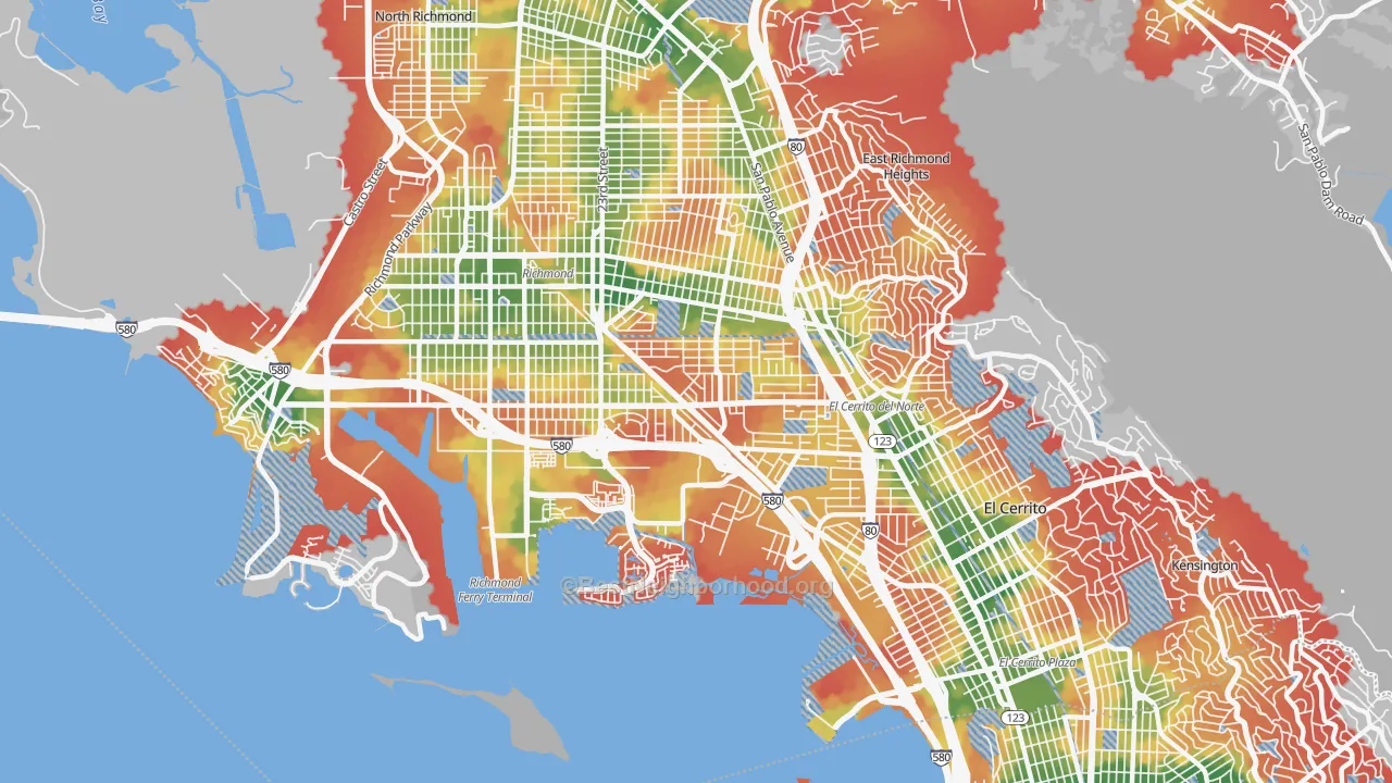 Walk Grade map of 94804, CA, walkable areas in green and car-dependent areas in red