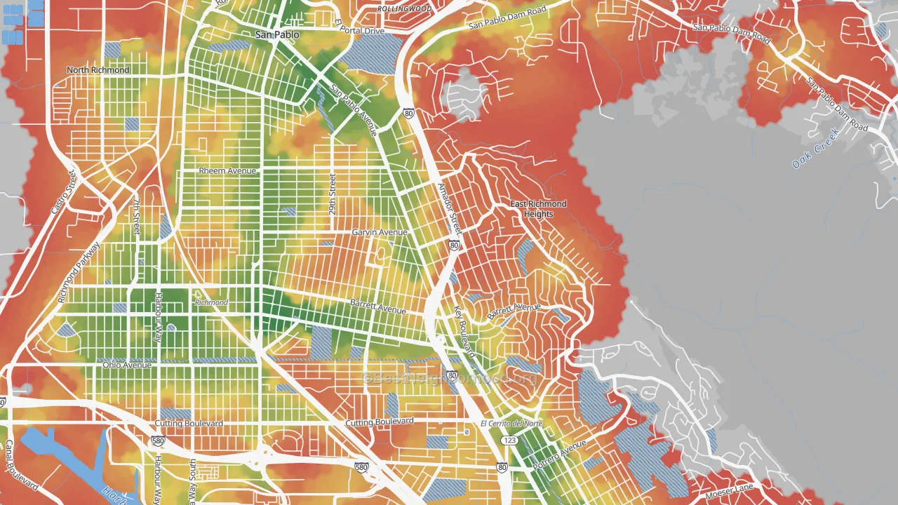 Walk Grade map of 94805, CA, walkable areas in green and car-dependent areas in red