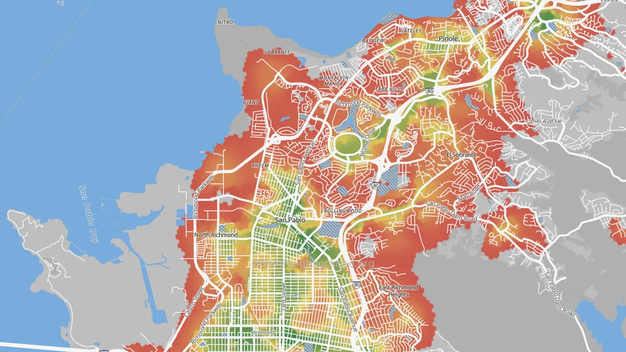 Walk Grade map of 94806, CA, walkable areas in green and car-dependent areas in red