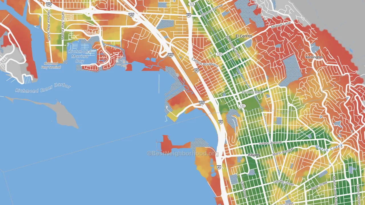 Walk Grade map of 94850, CA, walkable areas in green and car-dependent areas in red
