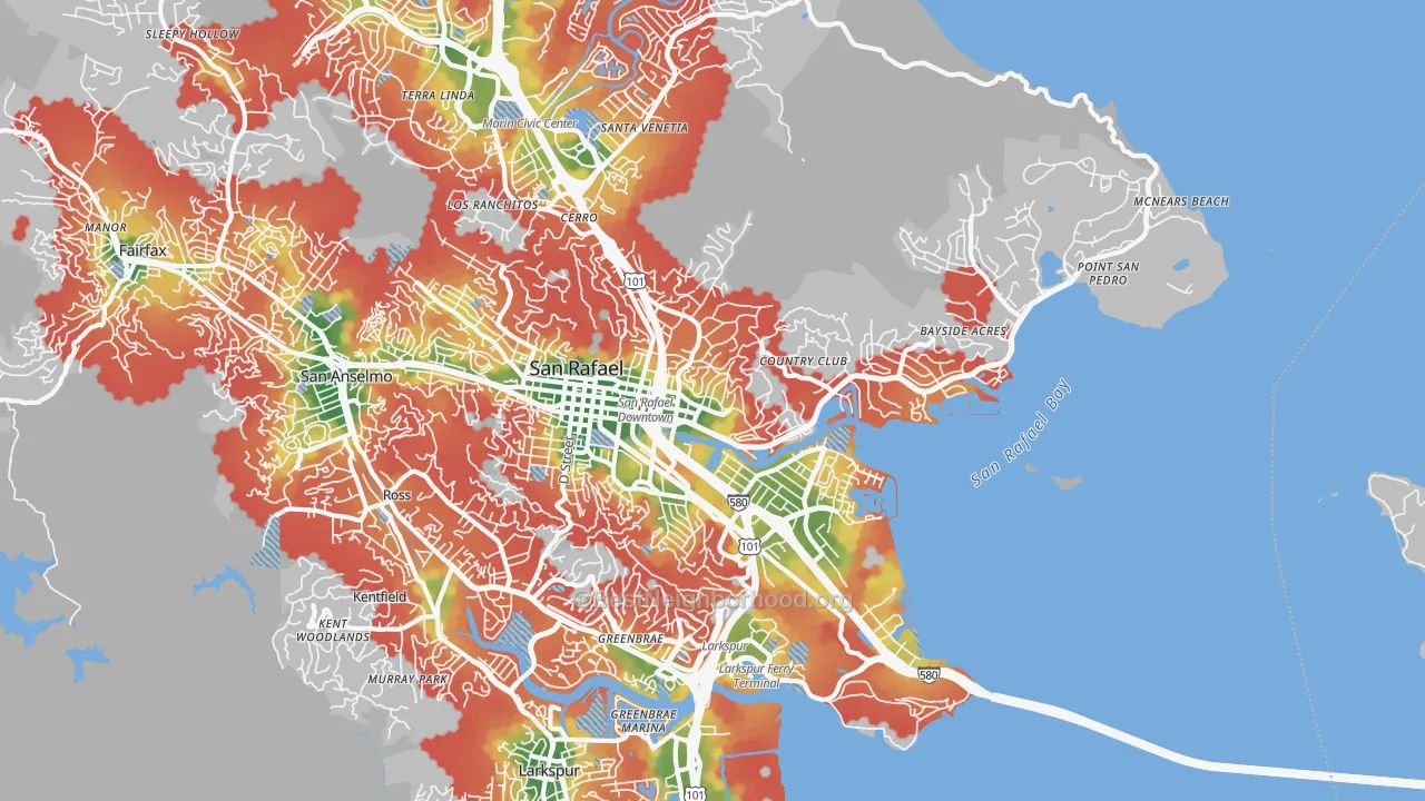 Walk Grade map of 94901, CA, walkable areas in green and car-dependent areas in red