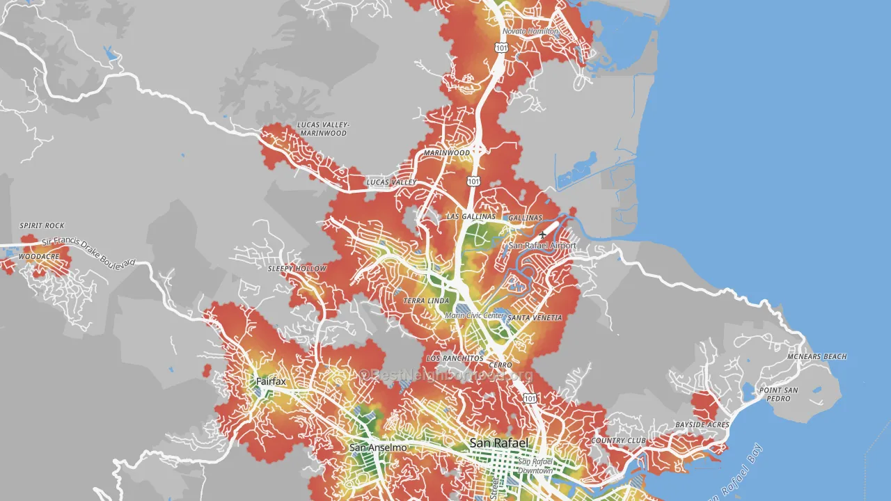Walk Grade map of 94903, CA, walkable areas in green and car-dependent areas in red