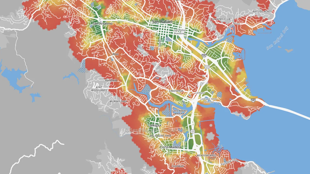 Walk Grade map of 94904, CA, walkable areas in green and car-dependent areas in red
