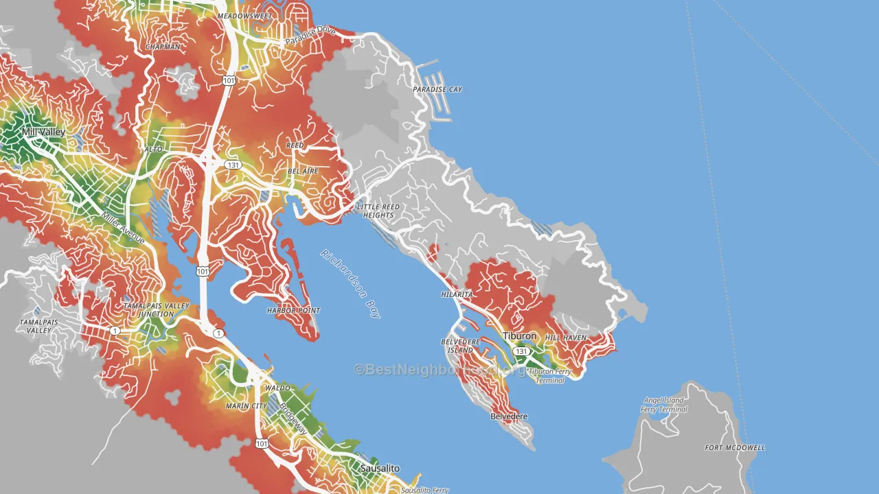 Walk Grade map of 94920, CA, walkable areas in green and car-dependent areas in red